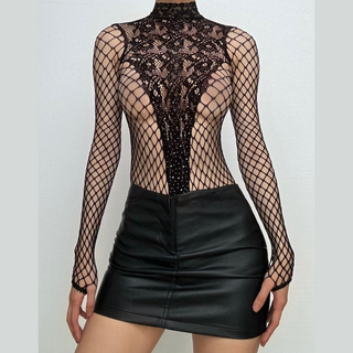 Crewneck long sleeve fishnet see through romper