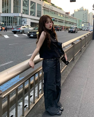 High-neck button-down sleeveless top