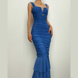 Solid ruched notch neck mesh zip-up ruffle maxi dress-final-sale