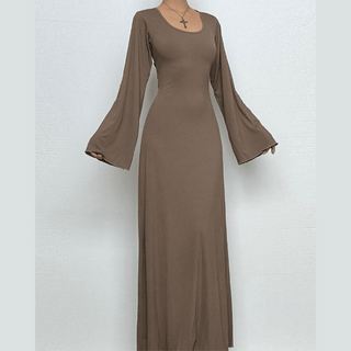 Long sleeve u neck ribbed solid maxi dress