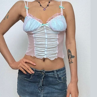 Sweetheart neck ruffle bowknot mesh cami top