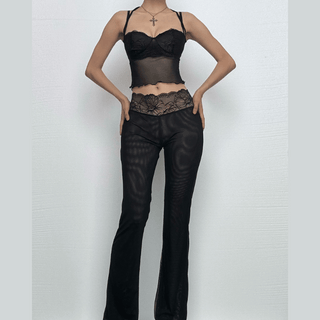 Lace mesh ruffle sweetheart neck cami pant set