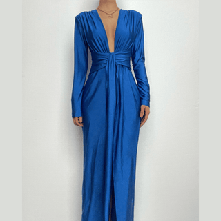 Long sleeve v neck ruched slit solid irregular maxi dress-final-sale