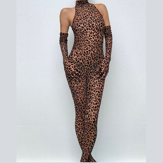 Leopard print high neck gloves zip-up jumpsuit