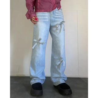 Ribbon denim pants