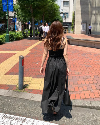 Side-tucked flared long dress