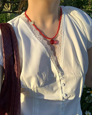 V-neck lace waist-shaping blouse
