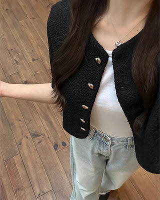 Heart gold button short-sleeved tweed jacket