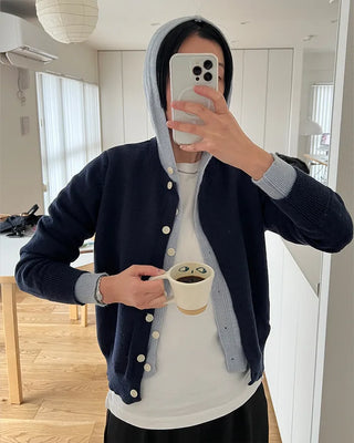 Layered knit hooded cardigan