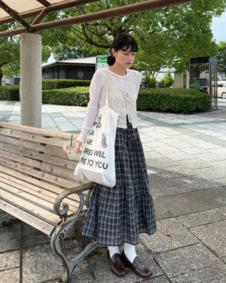 Checked Shirred Long Skirt