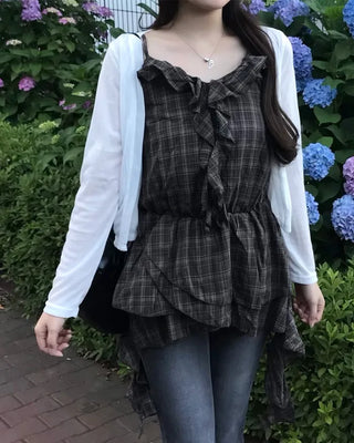 V-neck checkered ruffle camisole