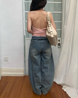Washed distressed wide-leg denim pants