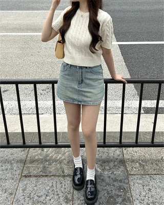 Washed denim mini skirt