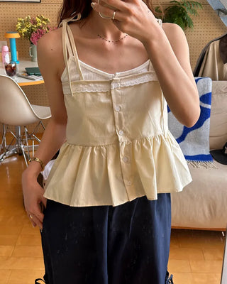 Lace-line shirred sleeveless blouse