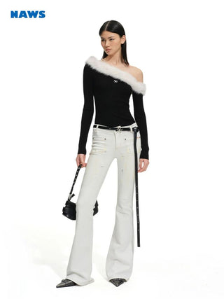 [NOTAWEAR] Fur Trim Off-Shoulder Knit Top
