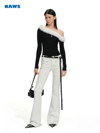 [NOTAWEAR] Fur Trim Off-Shoulder Knit Top