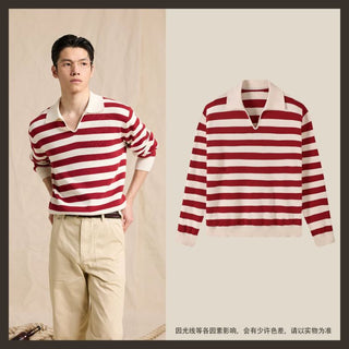 [CULTUM] Cotton Striped Open Collar Knit Sweater