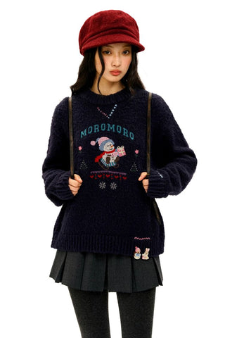 [Moromoro2] Snowman Contrast Stitch Knit  Sweater