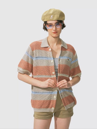 [Monterest] Open Knit Striped Short Sleeve Cardigan