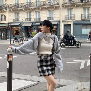 Wool check mini skirt