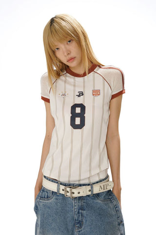 [MASONPRINCE] Mesh Sleeve Striped Sports Jersey Tee