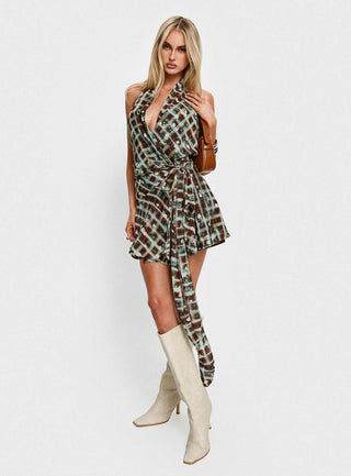 Brissa Halter Wrap Mini Dress Brown Multi