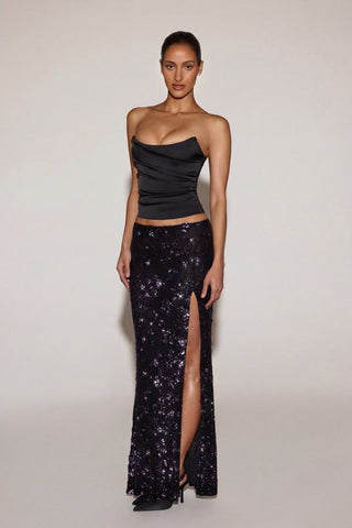 Embellished Mid-Rise Thigh-Split Maxi Skirt in Black Purple