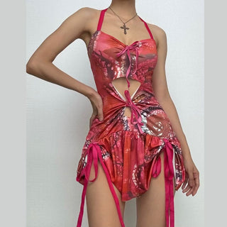 Halter self tie ruched hollow out print cut out mini dress