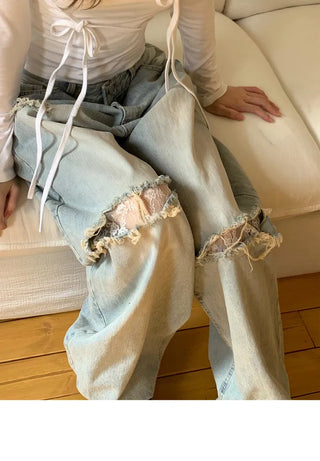 Lace Damage Vintage Faded Light Blue Pants