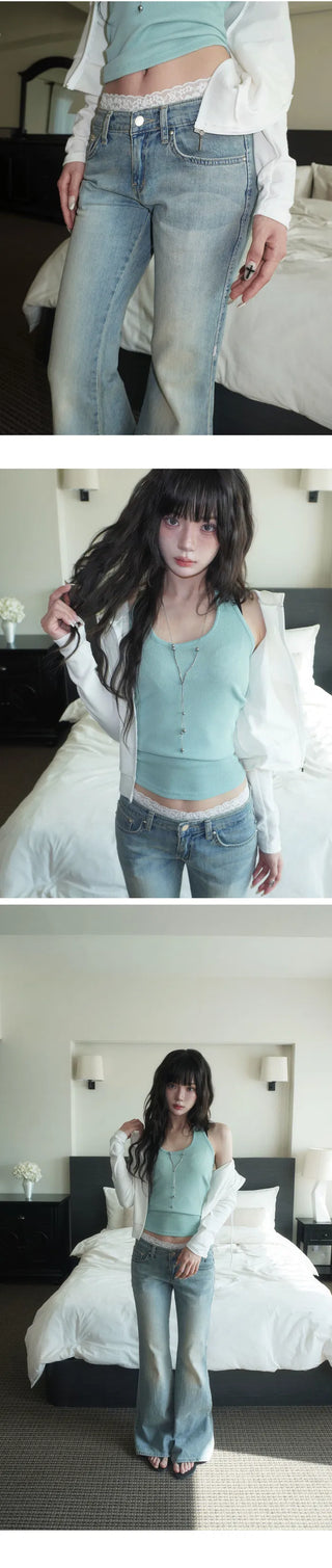Pink Stitch Low-Rise Flared Pants