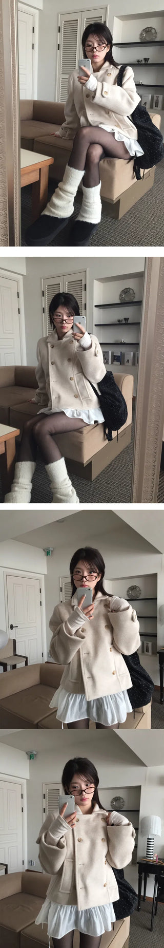 Double collar wool half coat - 3 colors