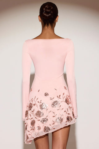 Embellished Appliqu? Asymmetric Mini Dress in Pink