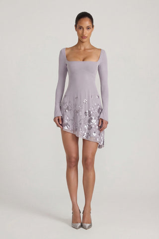 Embellished Appliqu? Asymmetric Mini Dress in Lilac