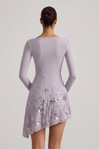 Embellished Appliqu? Asymmetric Mini Dress in Lilac