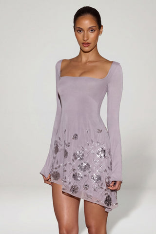 Embellished Appliqu? Asymmetric Mini Dress in Lilac