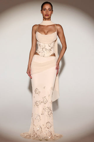 Embellished Draped Mid-Rise Gown Skirt in Gold