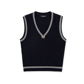 [Moromoro2] Cable Knit Bow Detail V-Neck  Vest