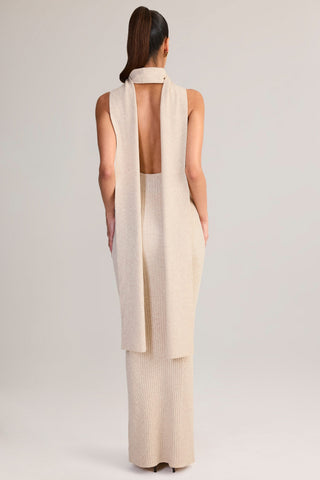 Rib-Knit Scarf-Detail Halterneck Maxi Dress in Cream