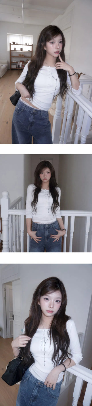 MADE MOMU BASIC Henley Neck Sleeve T-shirt - 4 colors