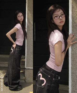 Model-praised pink heart Raw denim back point wide denim