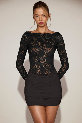 Sheer Lace Boat-Neck Mini Dress in Black