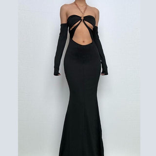 Off shoulder halter o ring hollow out metal chain cut out maxi dress