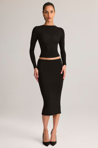 Modal Mid-Rise Pencil Midi Skirt in Black