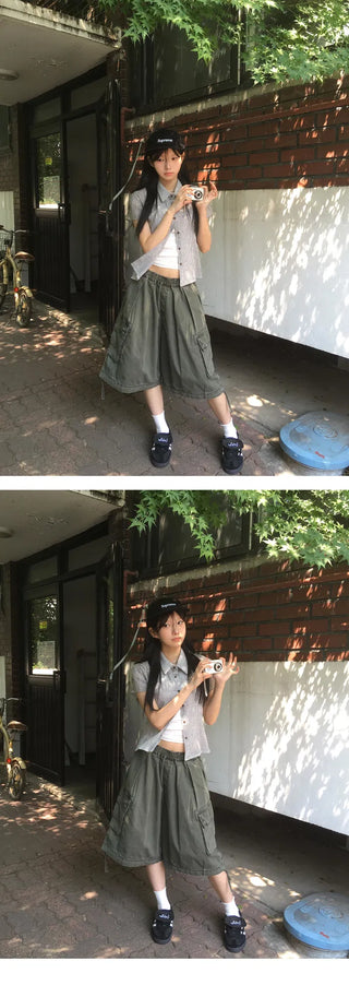 New York Shirring Short Sleeve Check Blouse BL - 2 Colors
