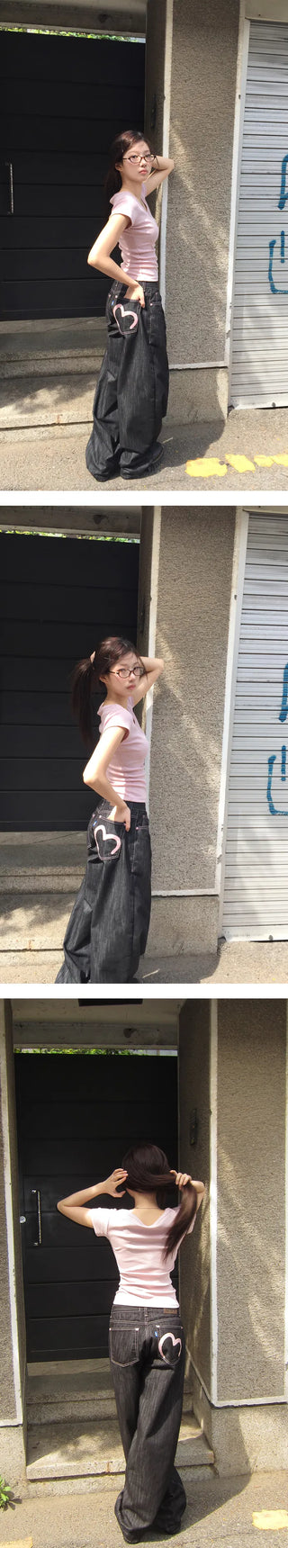 Model-praised pink heart Raw denim back point wide denim