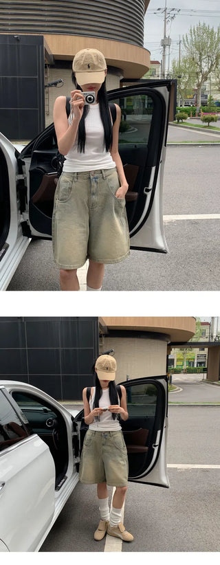 Two-buckle Bermuda Vintage Faded Denim 3/4 Length Pants pt