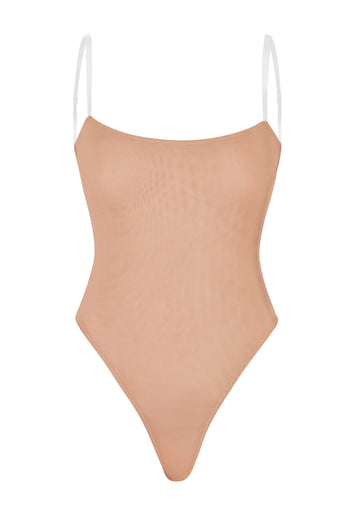 Soft Mesh Invisible Strap Thong Bodysuit in Warm Peach
