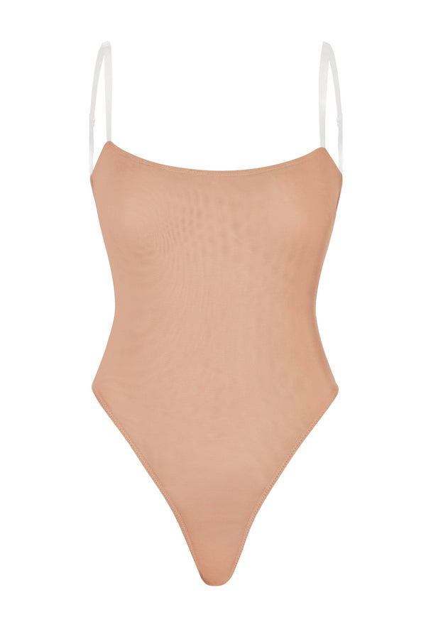 Soft Mesh Invisible Strap Thong Bodysuit in Warm Peach