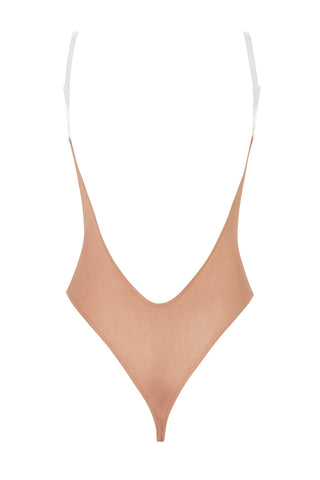 Soft Mesh Invisible Strap Thong Bodysuit in Warm Peach