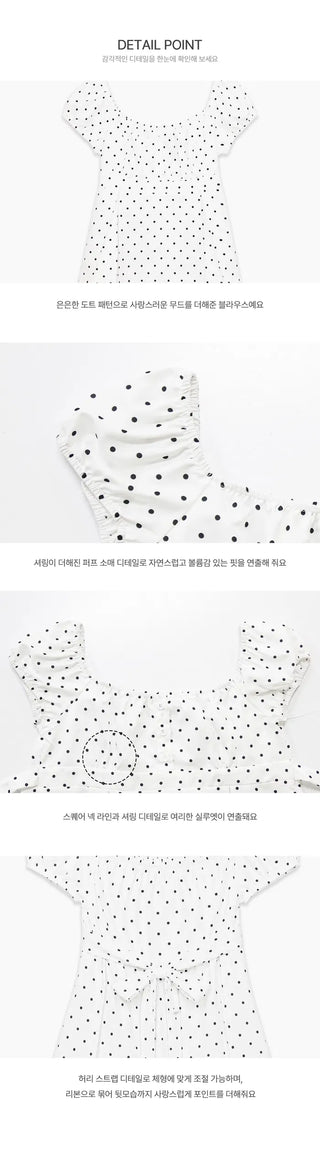 Silky Square Neck Puff Dot Blouse